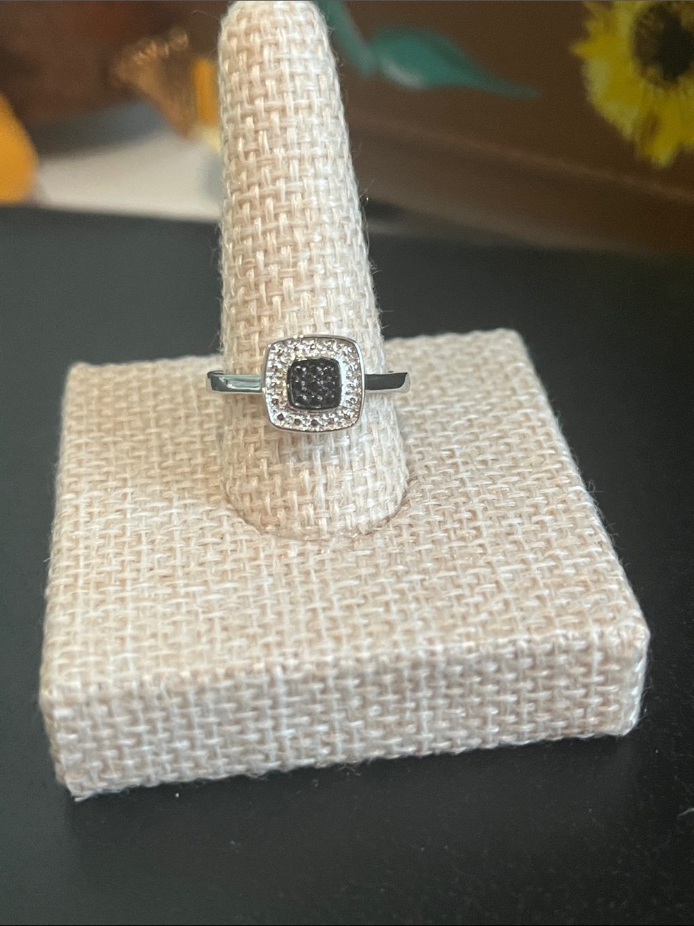Sterling Silver Black and White CZ Square Halo Ring